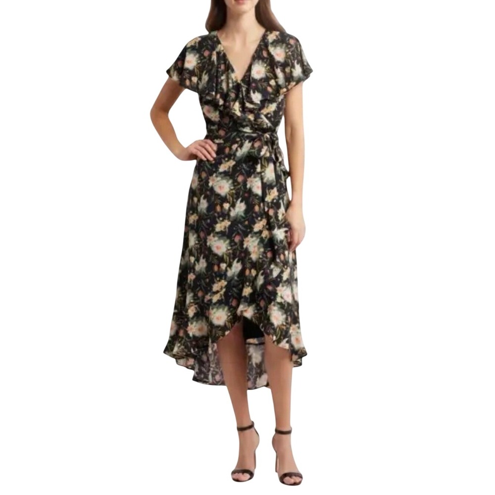 NWT Chelsea28 Floral Ruffle Wrap Midi Dress Black Multi XS